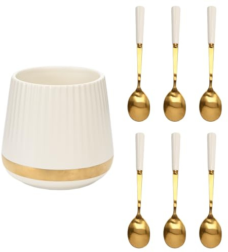 6PCS Coffee Spoons with Ceramic Jar Holder, Small Stainless Steel Gold Tea Spoons, Mini Dessert Spoons Set for Fruit, Stirring, Mixing, Sugar, Ice Cream, Cake (White)