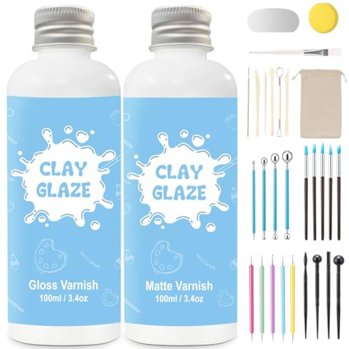 EIGTWEN 2 x 100ml Air Dry Clay Glaze and 29pcs Clay Tools Kit, Gloss Airdry Varnish Protects Pottery from Surface Wear, Pottery Tools Can be Used for Stippling, Carving, Molding(Gloss+Matte)