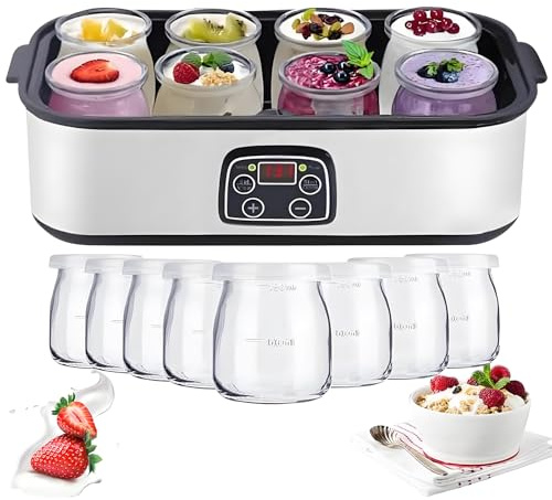 Yoghurt Maker,1400ml Electric Yogurt Maker,with 8 Jars 175ml, LED Display and Timer Multi-function Electric Yogurt Machine, Easy Cleaning Automatic Yogurt Maker for Homemade Fresh Yogurt Cheese