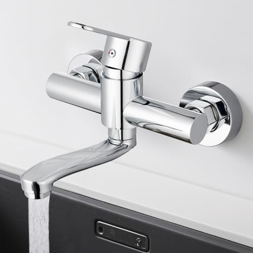 Wasserhahn Wandmontage, 360° Drehbare Edelstahl Wasserhahn Küche Wandarmatur, Kalt und Heiß Einhebelmischer Küchenarmatur Wandmontage, Mischbatterie Küche für Wandmontage, Schwenkarm 15cm, Chrom