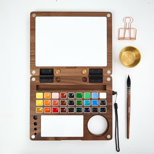 MEEDEN Juego de pintura de acuarela, colección de lujo de 27 colores con estuche de nogal negro, pinceles de pelo de ardilla natural y pinturas de grado artista, kit de acuarela de viaje perfecto para