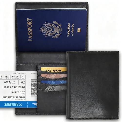 oriver Passport Holder Travel Wallet with AirTag Holder, Soft PU Leather RFID Blocking Travel Wallet, Passport Cover Travel Documents Organizer with 4 Card Holder -Black