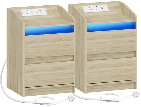 Hzuaneri Bedside Table Set of 2 with LED Lights, Bedside Cabinet with Charging Station and 2 Drawers, Nightstand with USB Ports & Power Outlet for Living Room and Bedroom, White Oak NS30116XUK