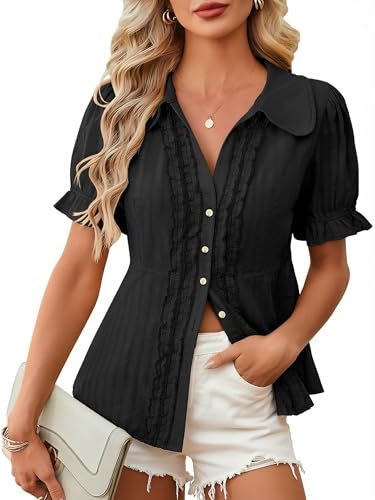 ECOWISH Women's Button Down Shirt - Peter Pan Collar Cotton Blouse Summer Dressy Short Sleeve Loose Fit Work Tops Black M