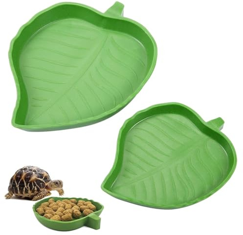 FJDRSIG 2 Pcs Leaf-Shaped Reptile Food and Water Bowls,Two Sizes Pet Feeding Dishes,Durable Crawl Pet Dish for Drinking and Eating for Tortoises,Snakes,Geckos,Lizards, Frogs and Chameleons(Green)