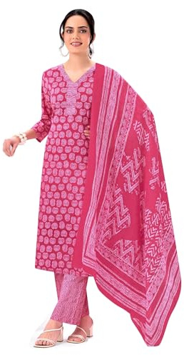 Ladyline Women's Cool Cotton Printed Salwar Kameez | Casual Cotton Kurta with Pants and Mal Dupatta | Ethnic Indian Pakistani Dress Set (CPSK SIC799) (48/ Pink)