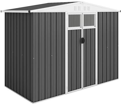 Outsunny Casetta da Giardino 2.7m² in Acciaio Zincato con 4 Prese d'Aria e 2 Finestre Trasparenti, Capanno Porta Attrezzi con Tetto Inclinato, Doppio Porte Bloccabili con Chiavi e Guanti Grigio Scuro