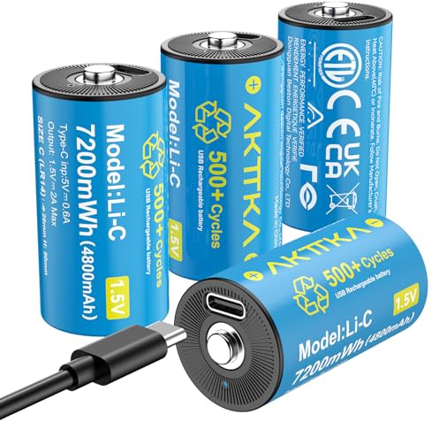 AKTTKA Confezione da 4 batterie ricaricabili tipo C, LR14/AM2, 1,5 V, 7200 mWh, 500+ cicli di ricarica, cavo di ricarica USB-C incluso, per lampada da campeggio, radio, luce di emergenza e giocattoli