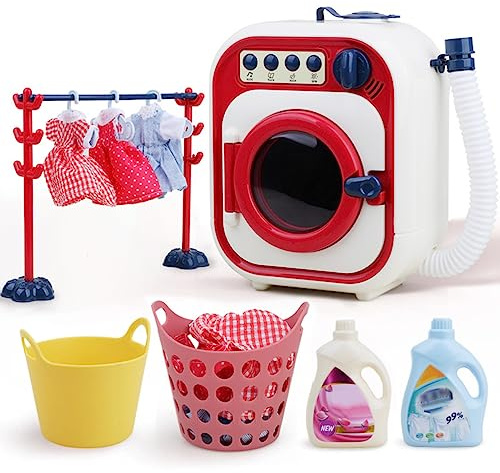 Eleage Electric Mini Washing Machine Toy, Water Addable Rotatable Drum Washer, Realistic Simulation Household Appliance Playset, Pretend Role Play Educational Toy Gift for Girls Kids (Red)