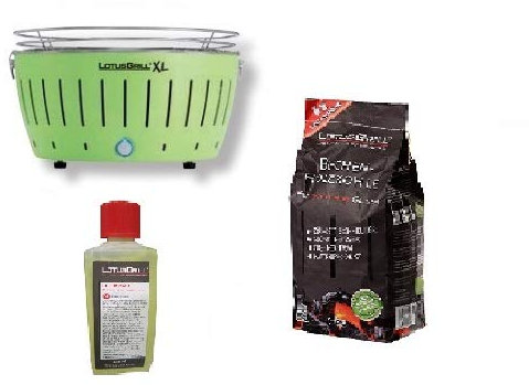LotusGrill - Nuovo Modello 2019 - Barbecue XL Verde con Batterie e Cavo di Alimentazione USB + 1Kg di Carbonella di Faggio + Gel Combustibile Inodore per Barbecue - Bundle Esclusivo Yeseatis!