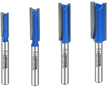 KOWOOD Plus Double Flute Straight Router Bit Set, 1/4 Inch Shank. Cutting Diameter in 1/4”, 5/16”, 3/8”, 1/2”. with updated Kowood C3 Carbide. Great for create groove, dado or hollow