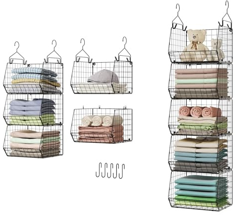 5 Tier Closet Hanging Organizer, Clothes Hanging Shelves with 4 Hanging Hooks 5 S Hooks, Wire Storage Basket Bins, for Clothing Sweaters Shoes Handbags Clutches Accessories Patent Design