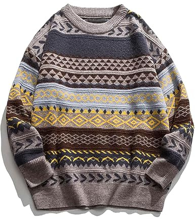 PEHMEA Men's Vintage Striped Sweater Oversized Crewneck Long Sleeve Knitted Pullover Jumper(Grey-S)