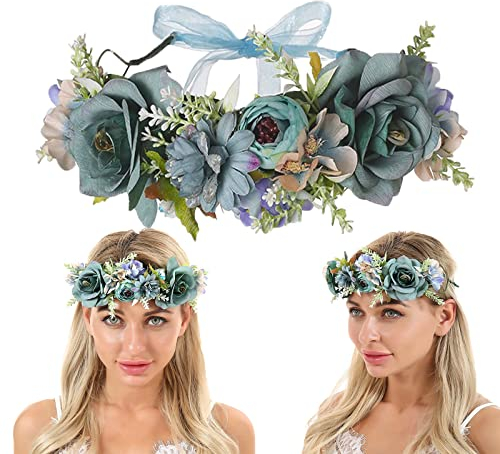 Corona di Fiori per Donne,Copricapo Fasce Corona di Fiori con Nastro,Regolabile Ghirlanda Floreale,Damigella d'onore Corona Fiore per Donne e Bambine,per Fotografie di Donne Incinte, Nozze Party