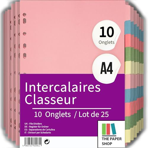 File Dividers A4, 10 Part Folder Dividers for Ring Binders & Lever Arch Files (25 Pack) Binder and Subject Dividers with Writeable Coloured Index Tabs - The Paper Shop