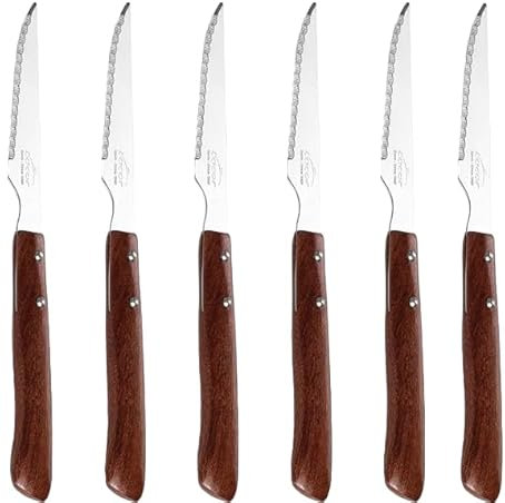 LACOR - 38240 - Set de Cuchillos Chuleteros, Acero Inoxidable, Mango Ergonómico de Madera, Set 6 Cuchillos Microdentados, Agarre Cómodo y Seguro, Apto para Todo Tipo de Carnes, 10.5 cm de Hoja