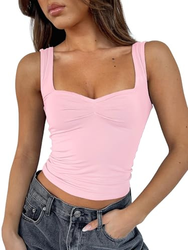ROFUSSO Débardeur D'été sans Manches Y2K pour Femmes Top Cami Basique Top à Bretelles Spaghetti sans Dos Top Gilet Bustier Plissé Sexy à Encolure en Cœur