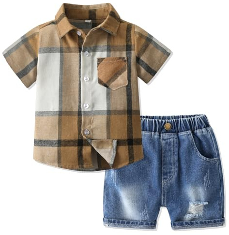 Volunboy Bebis pojke sommarset, pläd kortärmad skjorta + jeans shorts lediga kläder 2 delar, Khaki jeans, 4-5 años