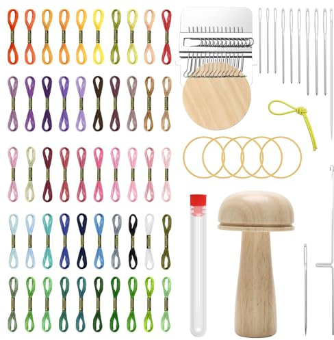 Windspeed Darning Mushroom for Socks Darner Kit Include 14 Hooks Speedweve Loom 9 Large Eye Needles 50 Colors Thread for DIY Handicraft Home Sewing Care