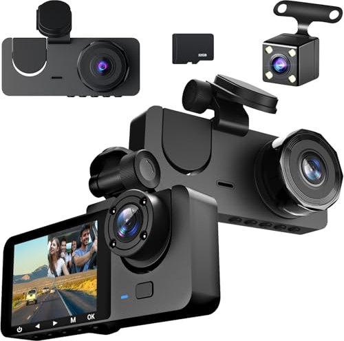 Autokamera mit 4K Auflösung, Dashcam Auto, 1080P Dashcam Auto Vorne Hinten und Innen mit 32GB SD-Karte, Autokamera mit Parküberwachung, Infrarot Nachtsicht, G-Sensor, Loop-Aufnahm (Standardversion)