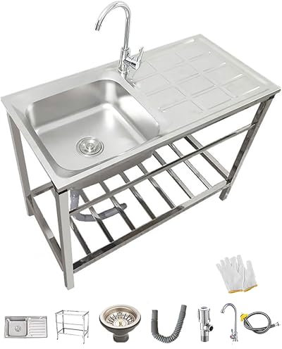 Evier Cuisine 1 Bac Évier De Cuisine Commercial Avec Robinet Et Brosse Éponge Evier Exterieur De Jardin Avec Établi Et Étagères De Rangement Évier En Autoportants Utilitaire Pour Garage Laundry Sink(7