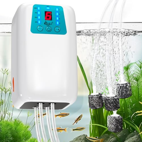 AQQA Bomba de aire para acuario, bomba de oxígeno de 1000 l/h, batería con 4 salidas, flujo de aire ajustable de 6 niveles, bomba de oxígeno portátil USB para acuario para pesca al aire libre