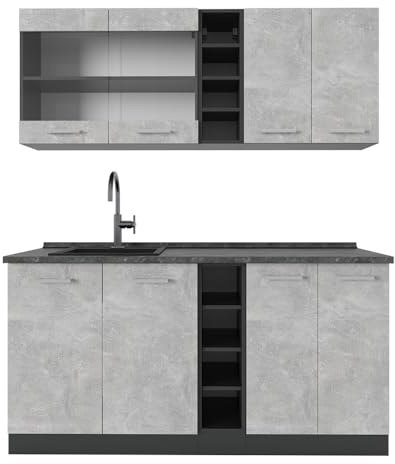 Vicco Singleküche R-Line, Beton/Anthrazit, 160 cm, AP Anthrazit, zur individuellen Erweiterung mit zusätzlichen Modulen geeignet