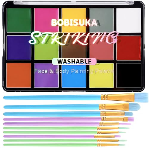 BOBISUKA Face Body Paint Palette + 10PCS Brushes Set, 15 Color Professional Face Painting Pallet Kit for Art Theater Halloween Party Cosplay Clown Sfx Makeup for Women Adults, Non-Toxic Washable