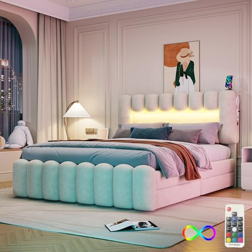 Zepneiy Lit Double 160x200 avec LED et USB, Lit Coffre Rembourré 160x200 avec système stéréo et 4 tiroirs, Cadre de en Velours Beige(sans Matelas)
