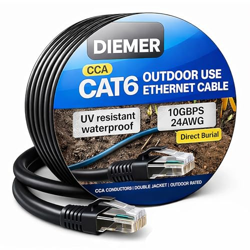Diemer Outdoor Cat 6 Ethernet Cable 75m – Weatherproof Direct Burial Double Jacket Cable with LLDPE & PVC – 24AWG CCA UTP, 10Gbps High-Speed Gigabit Network Lead – Includes 75 Cable Ties – Black