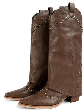 MAIJED Women's Shark Boots Studded Fold Over Mid Calf Chunky Heel Boots Cowboy Cowgirl Slouchy Pull On Boots Brown Size US7