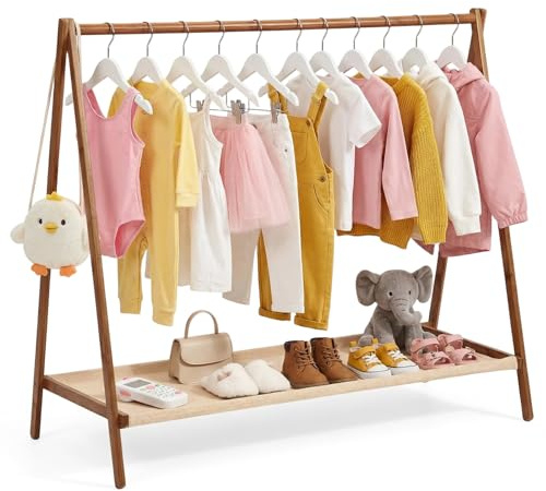 Warmiehomy Clothes Rail, Kids Wardrobe Clothing Rail Dress Up Rail, Small Childrens Clothes Rails Mini Coat Stand with Doll Storage for Bedroom, W100 x D44 x H76, Brown