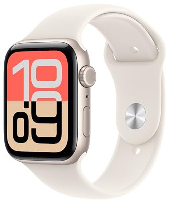 Apple Watch SE 3 GPS + Cellular 44 mm med boett i aluminium stjärnglans och sportband i stjärnglans S/M. Tränings- och sömnmätare, pulsmätare, skärm som alltid är på, vattentålig