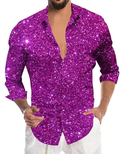 Camicia da discoteca da uomo con paillette, costume da discoteca da uomo, camicia a maniche lunghe e colletto con bottoni, motivo carnevale scintillante top t-shirt per discoteca dancing, viola., S