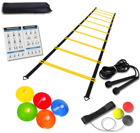 Beat-Fit Kit de Entrenamiento de Boxeo en Casa – Reflex Ball (3 Niveles), Escalera de Agilidad, Comba de Velocidad, Conos y Guía de Ejercicios – Mejora Reflejos, Coordinación y Velocidad