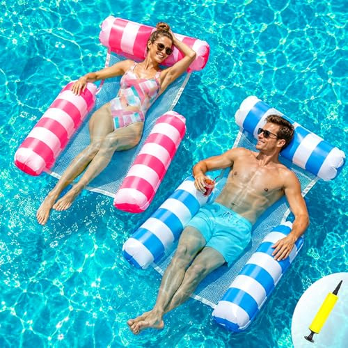 Inflatable Pool Chair 2 Pack, Inflatable Pool Floats Adult, 4 IN 1 Swimming Floating Lounge Chairs Water Hammock, Inflatable Chair for Summer Water Party Beach, Pool Toys With Air Pump (Blue+Red)