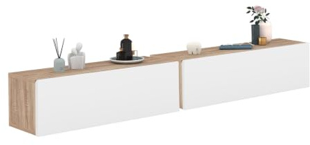 IDMarket - Lot de 2 Consoles suspendues étagères murales ELYOS | Avec 1 porte, bois et blanc