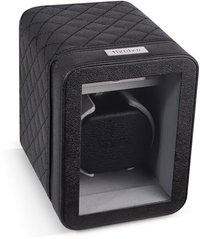 Heiden Monaco Watch Winder - Automatic Watch Winder for Automatic Watches, Rolex - Black Leather - Battery Powered or AC Adapter, 12 Program Settings, Diamond Stitched Vegan Leather