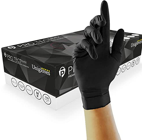Unigloves PRO.TECT Black GA0043 Nitrile Gants jetables à usage unique - polyvalents, sans poudre, boîte de 100 gants, noirs, taille M