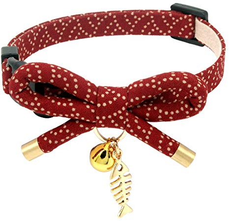 PetSoKoo Cute Bowtie Cat Collar with Bell. Japanese Stylish Bowknot & Fish Charm. Safety Breakaway, Soft, Lightweight, for Girl Boy Male Female Cats Kitten,Red