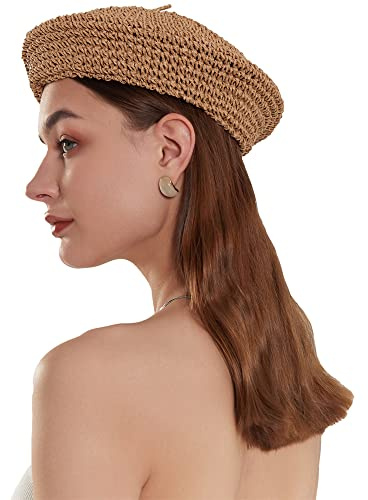 JH JOEJERRY Béret en paille pour femme Chapeaux de béret pour femme Artiste Crochet Béret Kaki