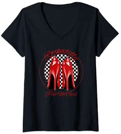 Femme Rockabilly Pin-Up Girl, pompes à talons hauts rouges T-Shirt avec Col en V