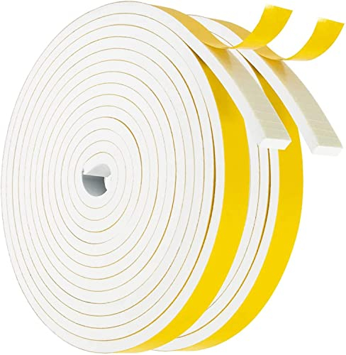 Draught Excluder Tape, Weather Stripping 12mm(W) x6mm(T) Foam Strip Seal Self Adhesive for Door Window Against Cold Draught/Anti-Collision/Soundproof/Waterproof/Dustproof, 2 Rolls Total 8M, White