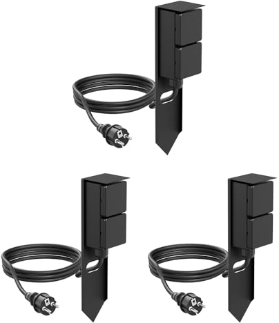 ledscom.de 3 PIWI Toma de jardín Columna con piqueta de Tierra y Cable de 2m para Exteriores, IP44, 2 vías, Negro