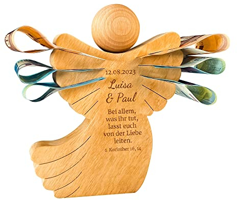 Engel Figur zur Hochzeit, Schutzengel mit Gravur, Personalisierte Holzengel Dekofigur, Hochzeitsgeschenke für Brautpaar, Geldgeschenk, Deko Engel, Hochzeitsgeschenk, Geschenk zur Hochzeit, Engelfigur