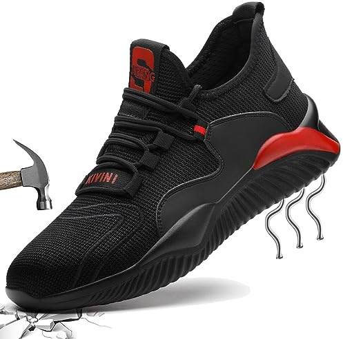 Zapatos de Trabajo 40 Hombre Mujer Tenis de Seguridad con Puntera de Acero Deportivo Comodas Sneakers de Industria y Construcción para Verano Negro Rojo 797