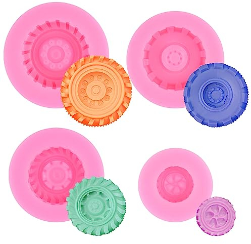 Cuayaes 3D Tire Chocolate Mold Silicone Fondant Mould Cake Pop Mould for Cake Decoration, 4 Pcs Truck Wheel Shape DIY Polymer Clay Moulds for Crafts Soap Candle