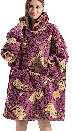 JOJJJOJ Übergroße Hoodie-Decke mit riesiger Tasche Bequeme Sherpa Fleece Decke Kapuzenpullover warmes Sweatshirt Bademantel für Damen Herren Teenager Geschenk(Faultier)
