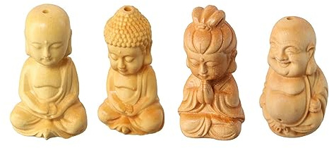 Pokinge 4Pcs Buddha Figurines Statue Ornament Monk Boxwood Carved Wise Figure Miniature Sculpture Crafts Car Decoration Home Ornament