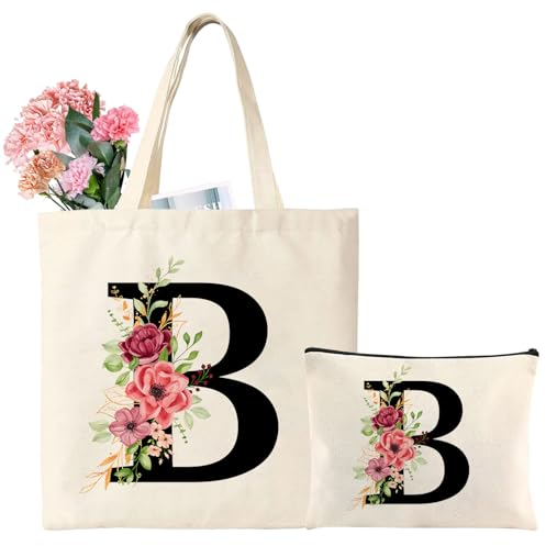 Tarklanda Initialen Baumwolltasche personalisiert Geschenke Frauen Einkaufstasche mit Buchstaben Tragetasche und Kosmetiktasche mit Buchstaben Geschenk für Frau Mama zum Geburtstag, Muttertag (B)